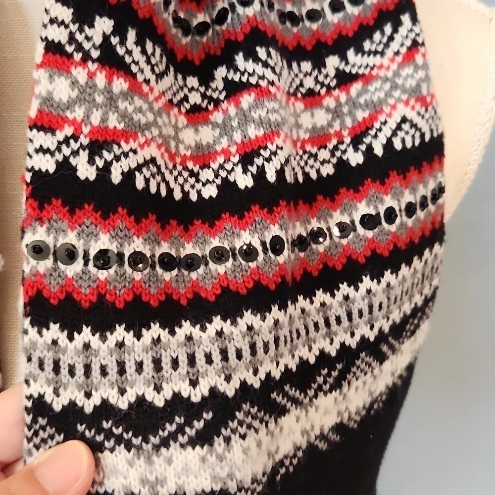 Vintage Nordic fairisle sequin beaded fringe colorblock long scarf
